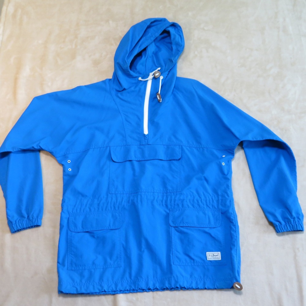LL Bean Mens Blue Anorak Windbreaker Jacket Hooded Quarter‎ Zip Medium 287453